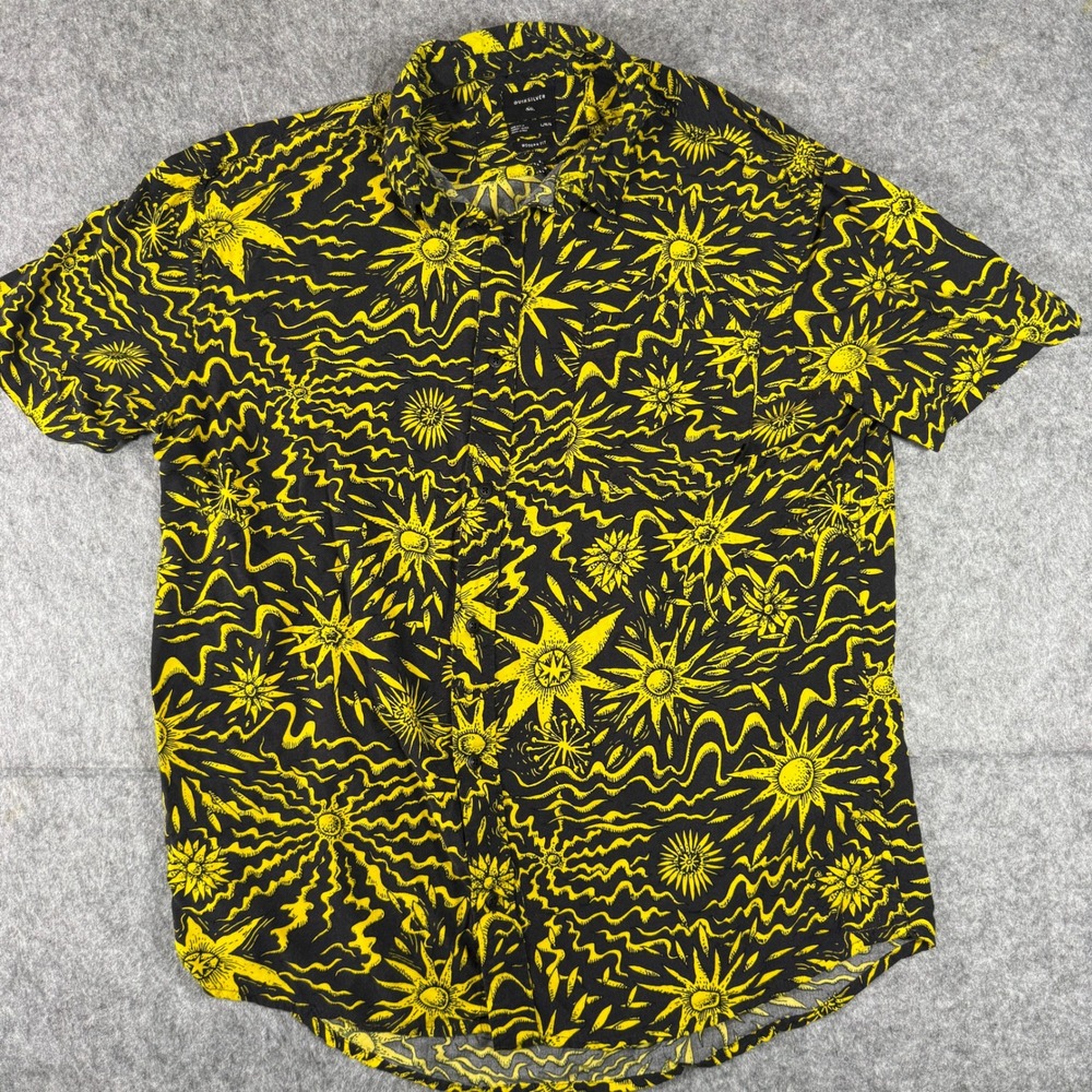 Quiksilver Button Down Shirt Men Large Black Yellow Sun Celestial Modern Fit